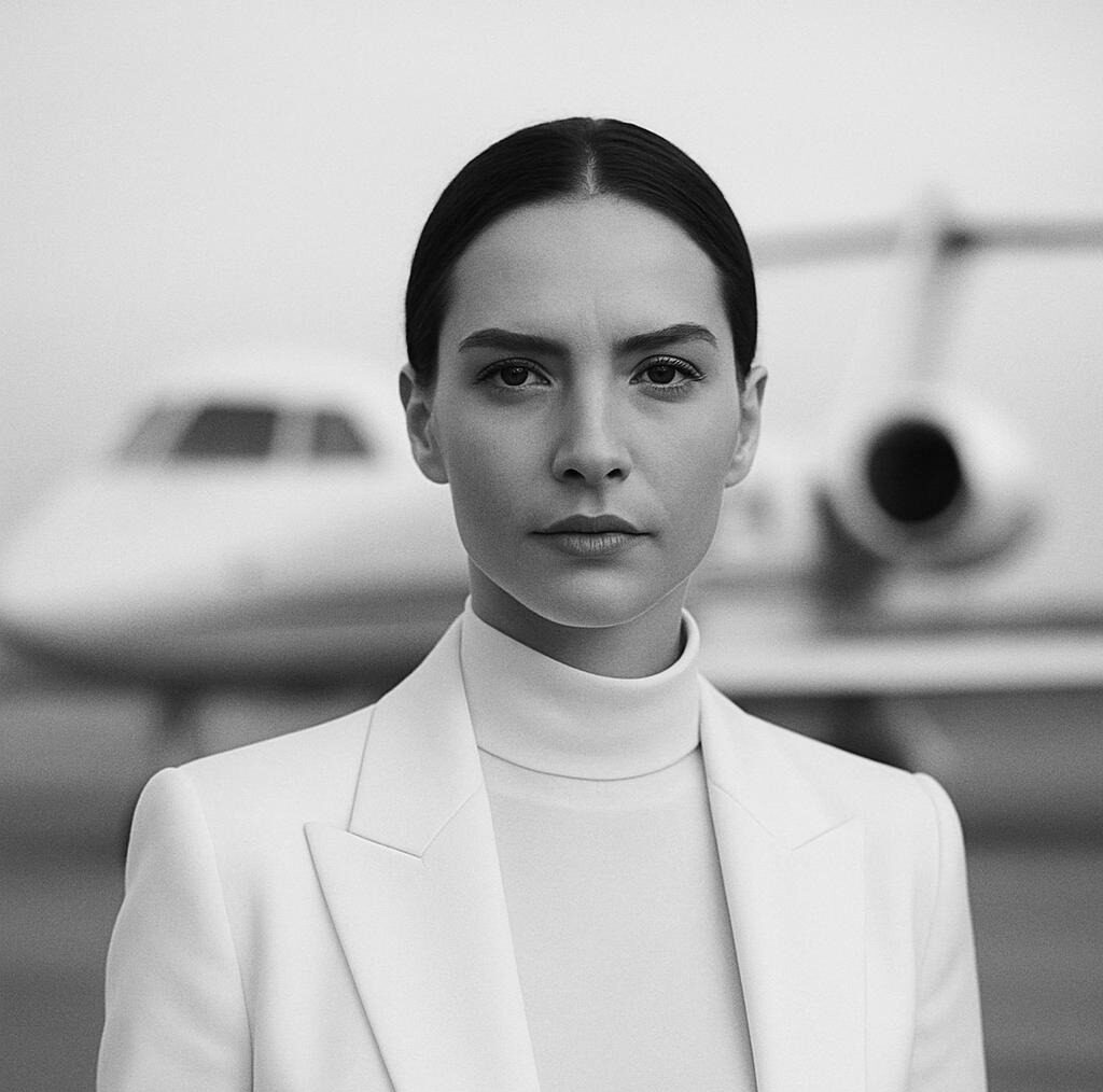 Donna elegante in bianco e nero – sguardo deciso – foto sfocata sullo sfondo → trasmette cultura, minimalismo, modernità - jet privato alle spalle