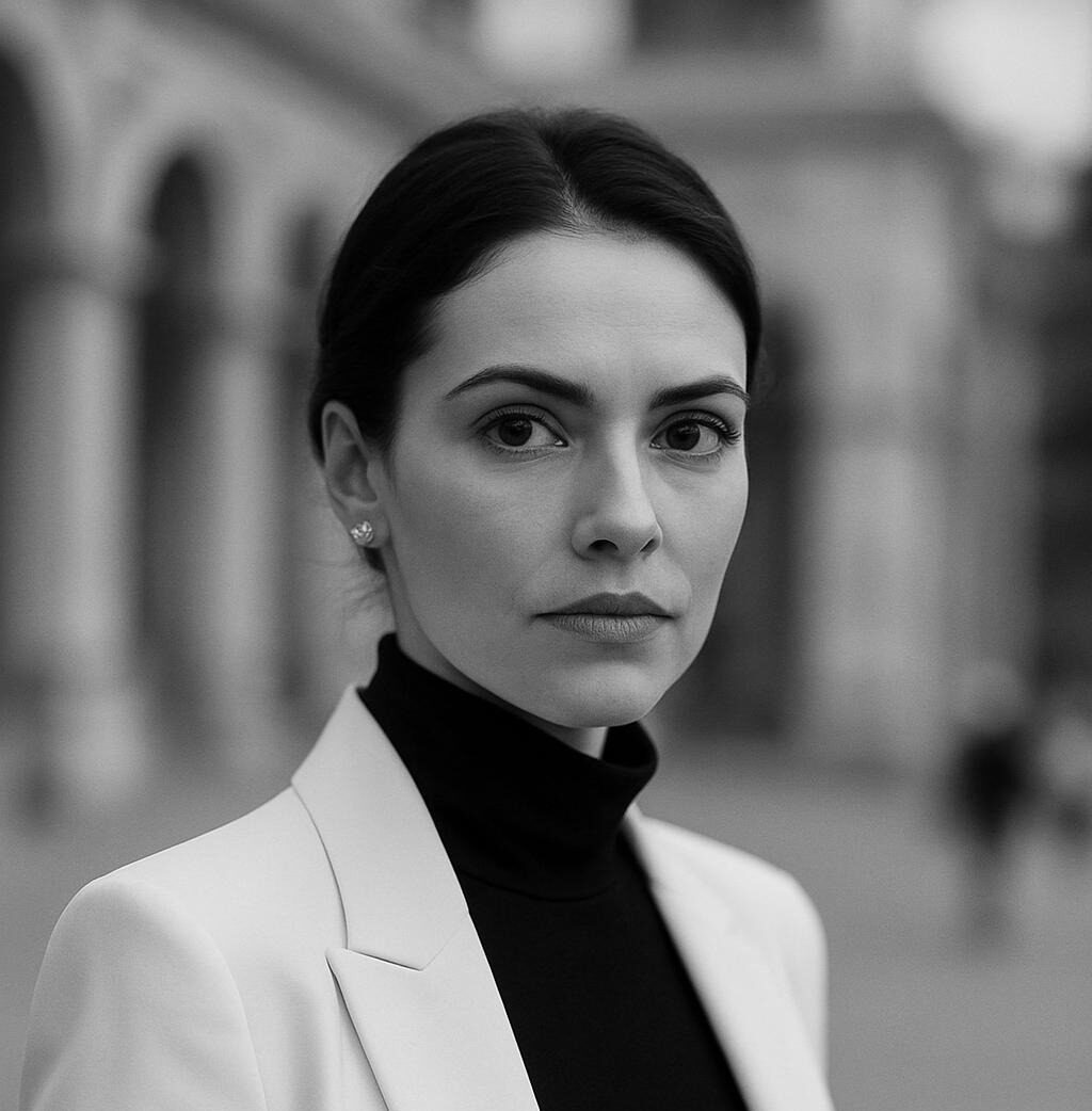 Donna elegante in bianco e nero – sguardo deciso – foto sfocata sullo sfondo → trasmette cultura, minimalismo, modernità